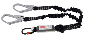AR-03701-18 ARESTA TWIN SCAFF - Elasticated Webbing Lanyard with 2 Scaffold Hooks, a Carabiner and Shock Absorber, 1.8m